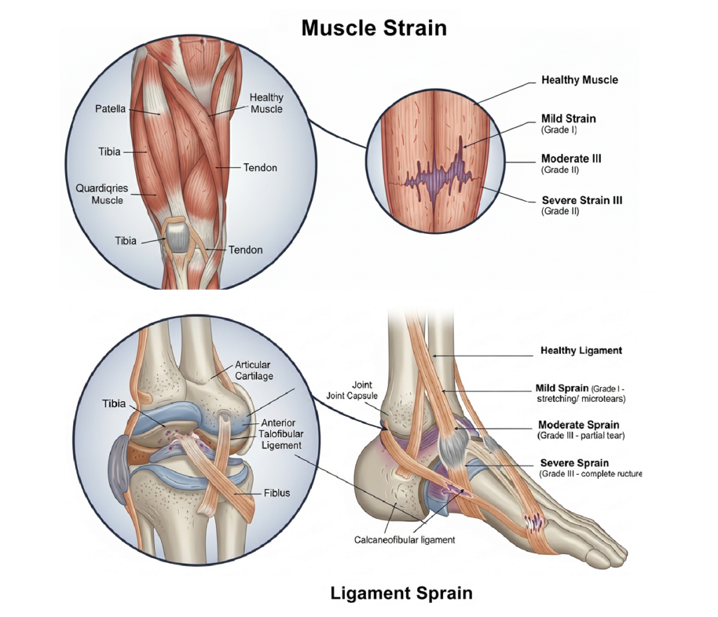 An anatomical illustration showing muscles and ligaments, highlighting areas commonly affected by strains and sprains.